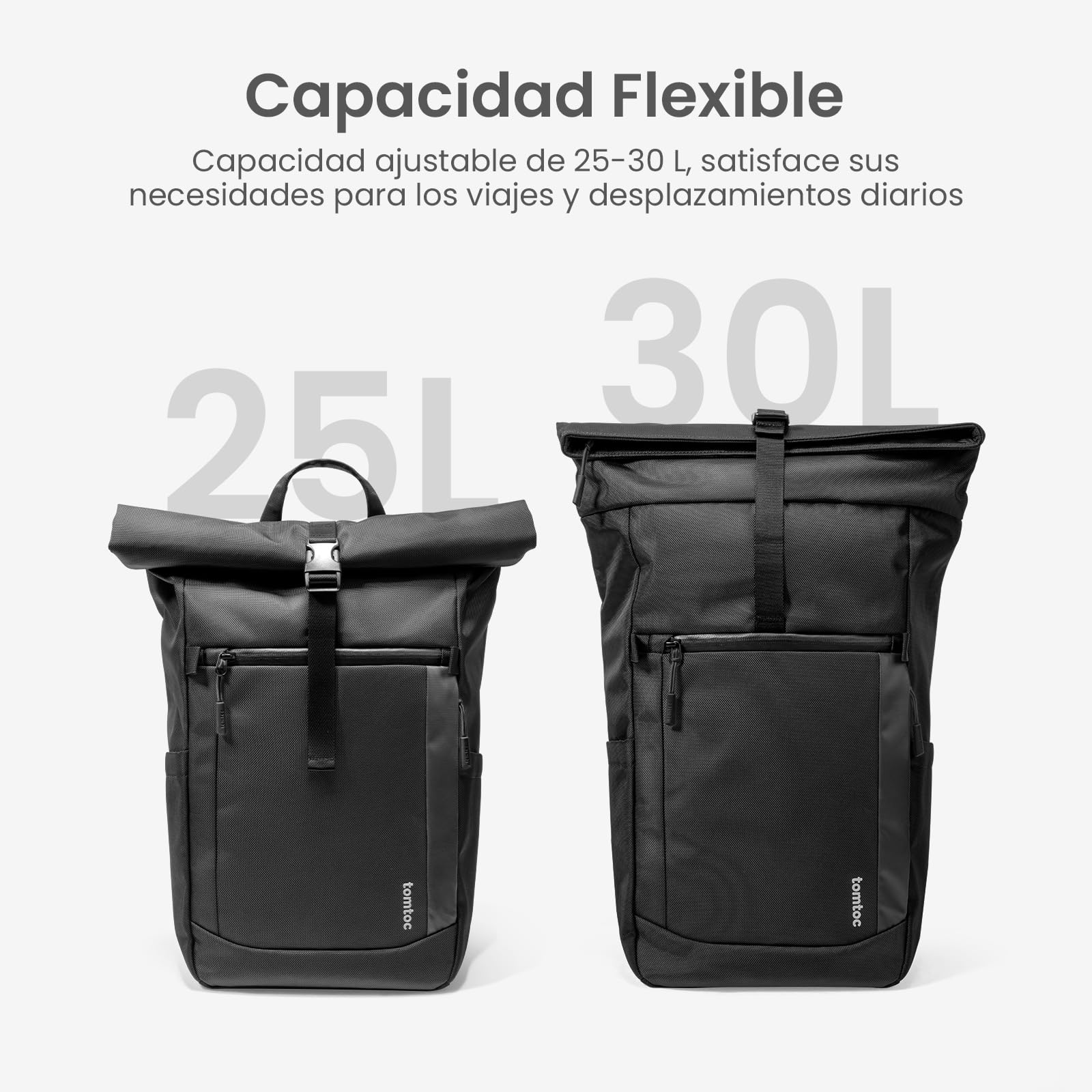 tomtoc Mochila Enrollable para Portátil de 13-17,3 Pulgadas, Rolltop Mochila de Viaje Impermeable y Expansible, Capacidad Ajustable 25-30L, Mochila de Commuter, Trabajo, Casual y Universidad, Negro