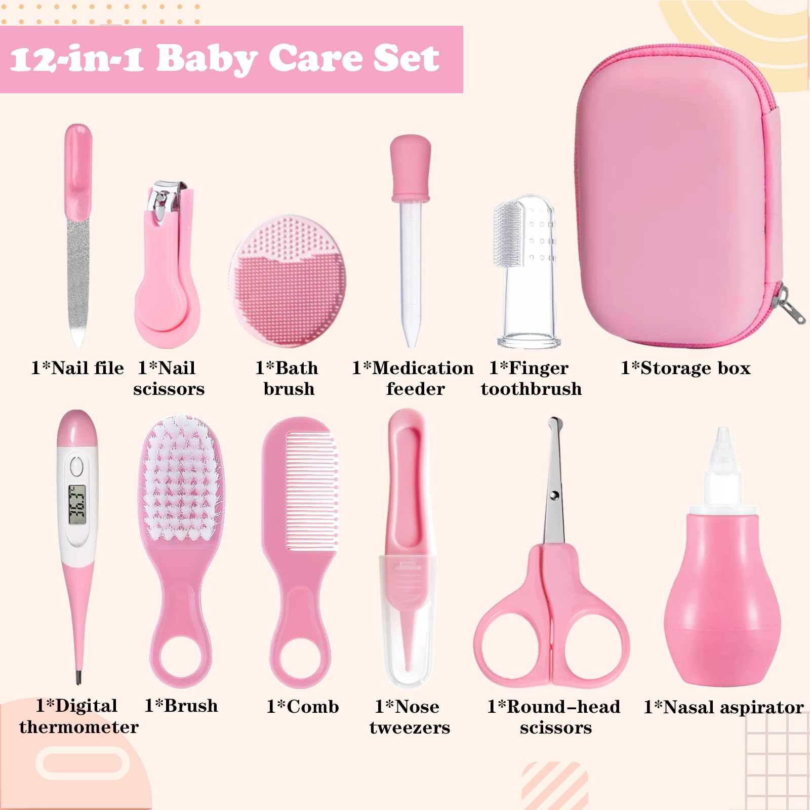12Pcs Trousse de Soin Bebe Naissance, Trousse de Toilette Bebe, Sets et Trousses de Toilette, Ensemble Sécurité pour Bébé Sans BPA, Produits Puériculture our Les Voyages et Maison (Rose)
