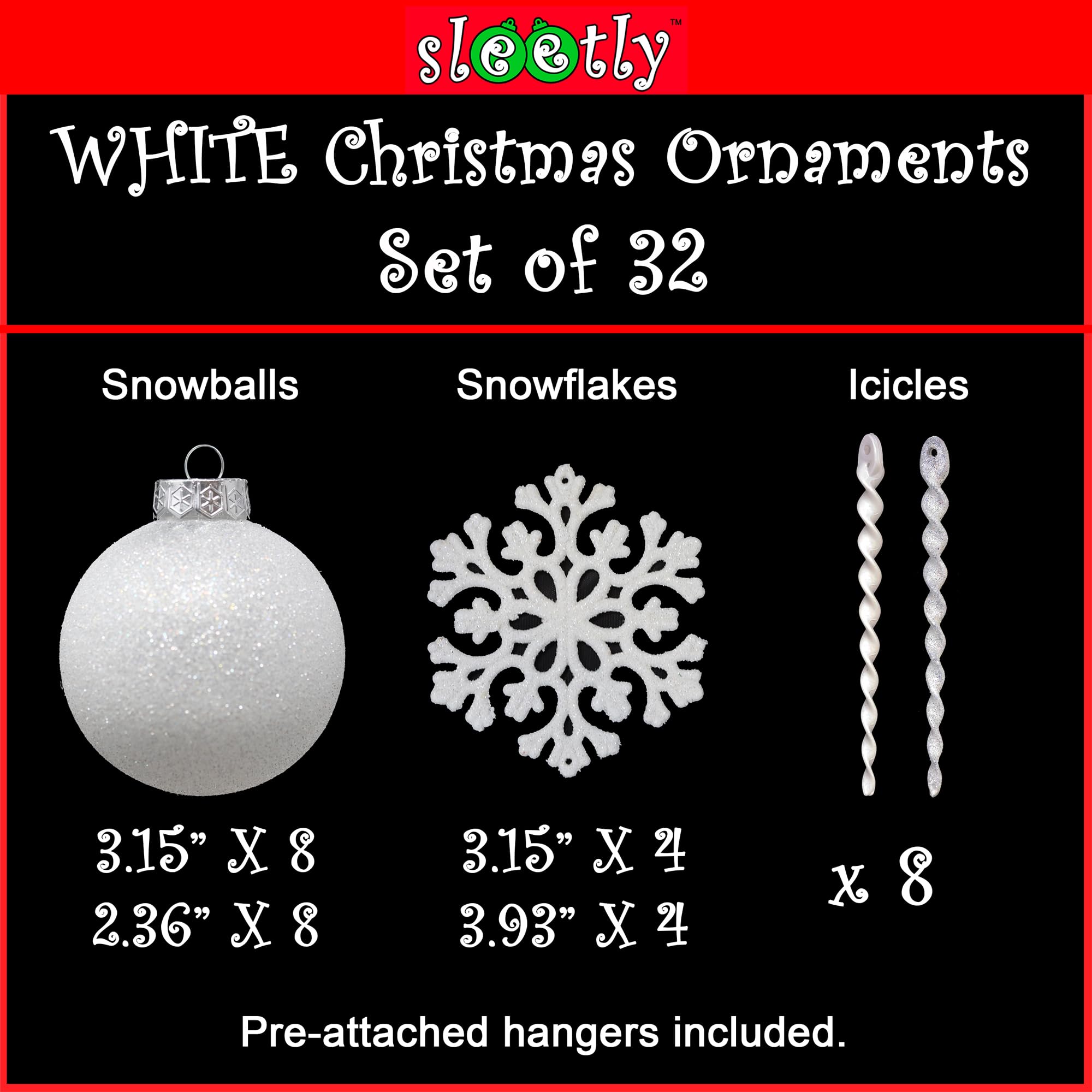SLEETLY White Christmas Ornaments for Farmhouse Tree Holiday Xmas Decorations for Christmas, Shatterproof Plastic 3.15/2.36 Inch Glitter Snow Balls, Icicles and Snowflakes, Ornament Set of 32