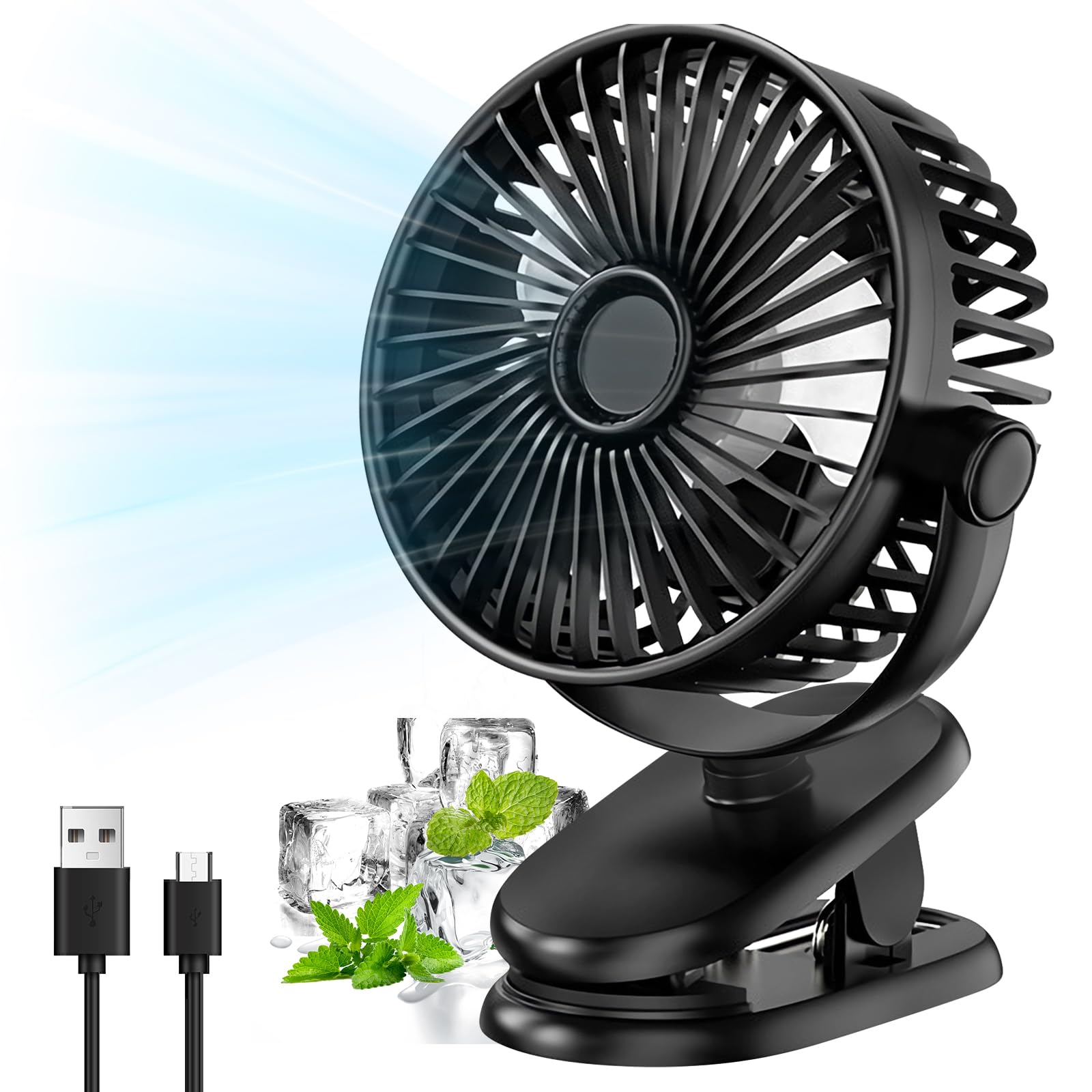 Mini ventilatore a clip, 5000 mAh, con clip, mini ventilatore, ventilatore da tavolo, ventilatore a morsetto, piccolo ventilatore da tavolo, silenzioso, 3 livelli di velocità, rotazione a 360°