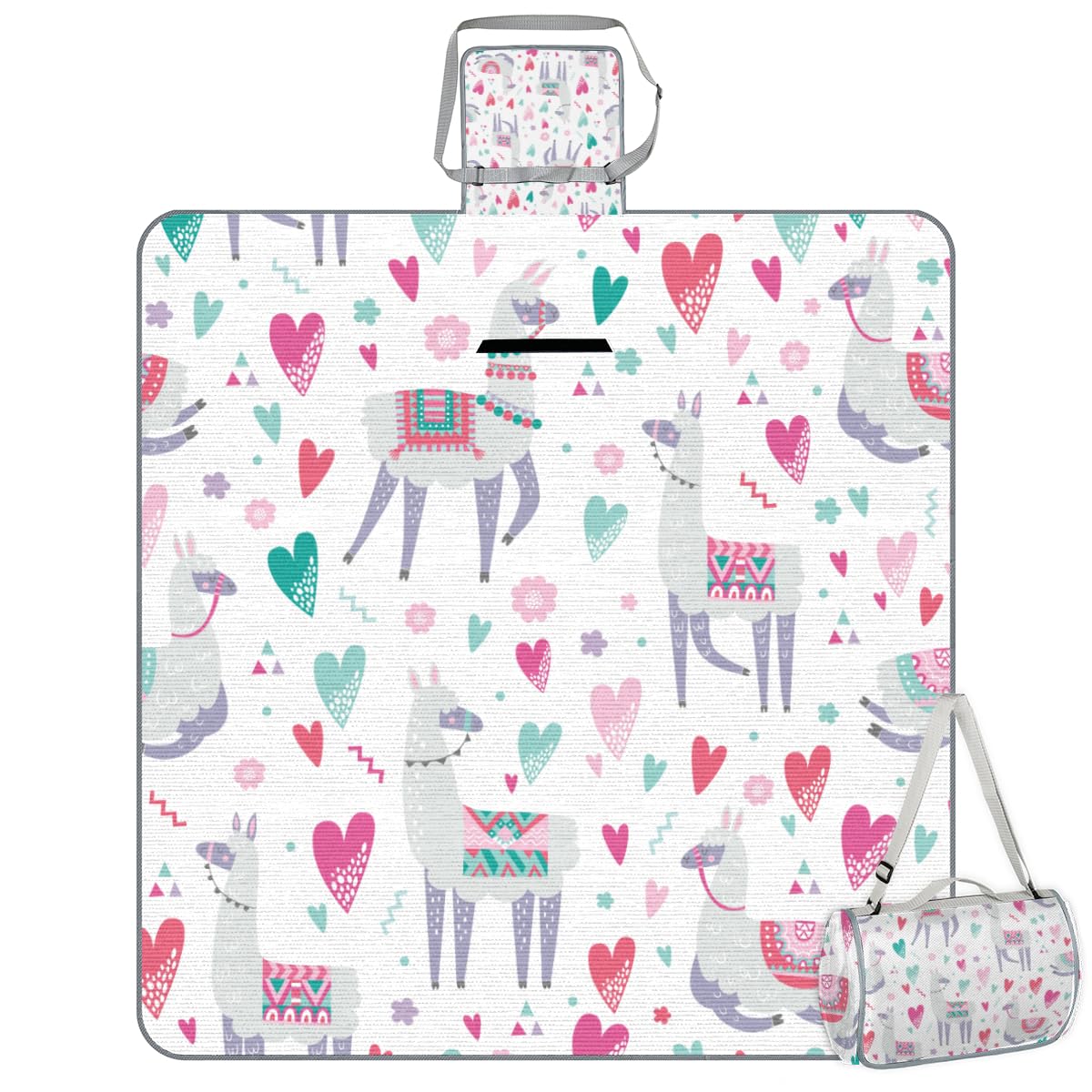 Shimoshe Picnic Blankets 57”x 59”, Love Flower Alpaca Waterproof Sandproof Picnic Mat Lightweight Foldable Beach Blanket for Camping Park Grass Beach Outdoor Blanket