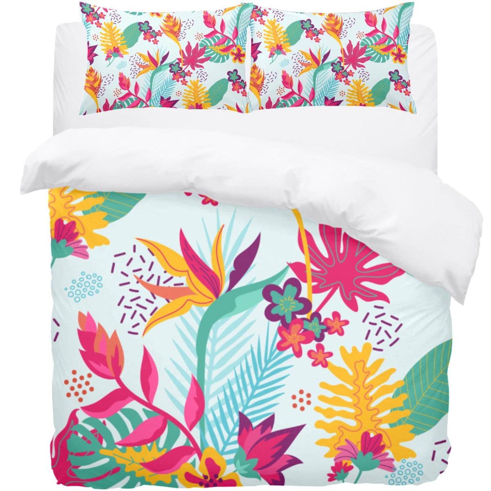 Housse de couette motif floral exotique anti-plis avec ses deux taies d'oreiller douces