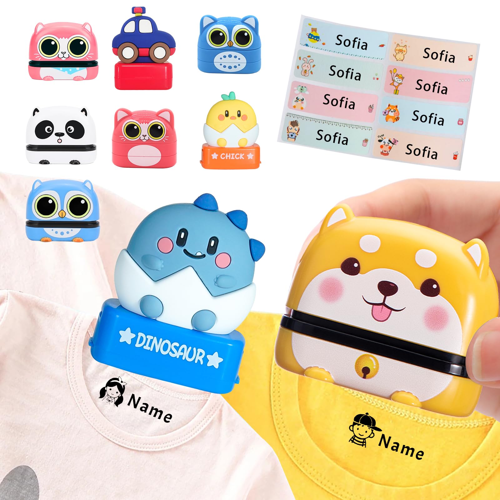 Name Stamp for Clothing Kids, Personalized Stamps 4 Animal Styles Cartoon Pattern Custom Name Stamp Children's Seal Cute Waterproof