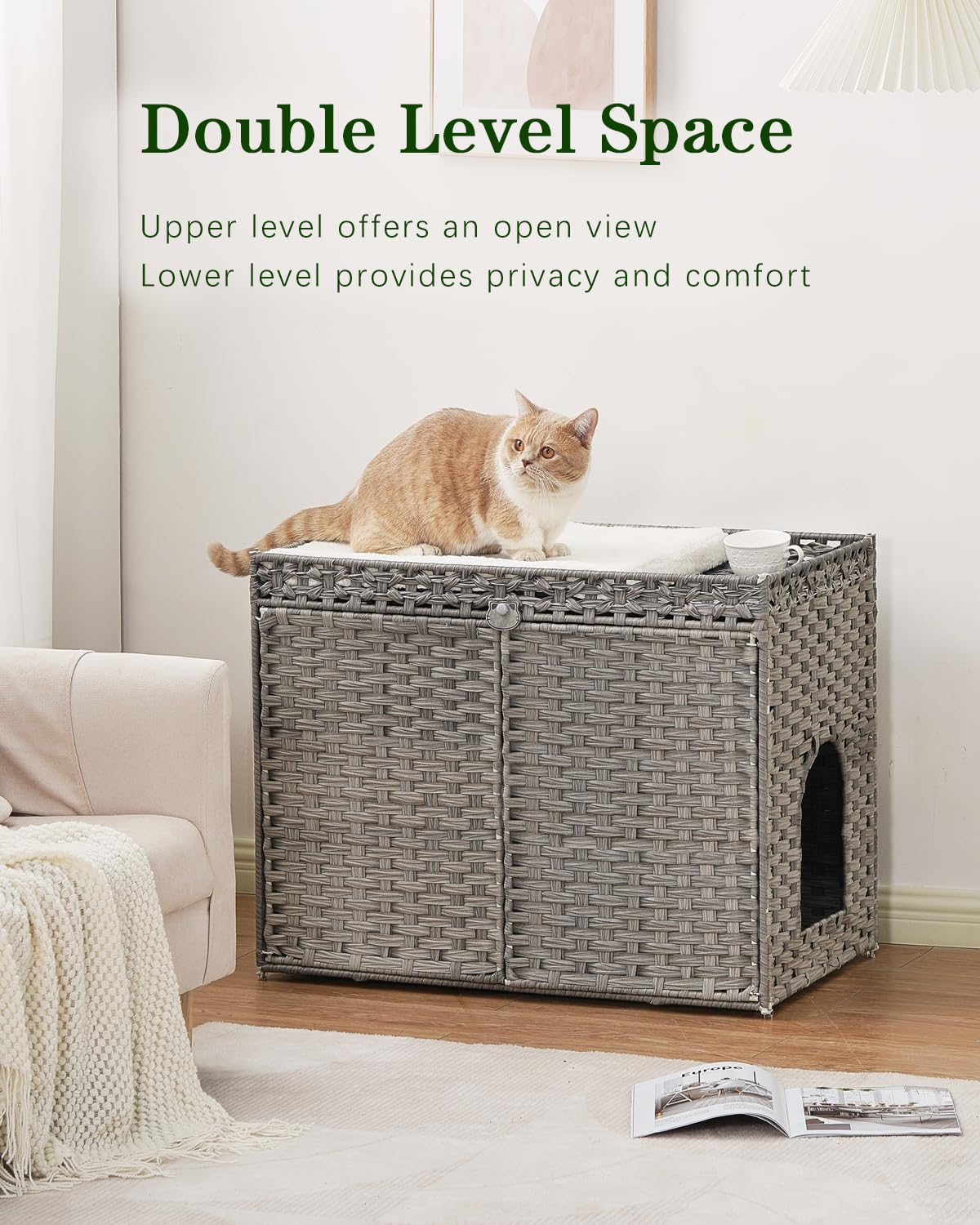 SETVSON Cat Litter Box Enclosure Furniture, Handwoven Rattan Hidden Litter Box with Mat, Large Space Cat House with 2 S-Shaped Hooks 30.3 x 18.3 x 24.4 Inches, Indoor for Living Room Apartment Gray - image 2