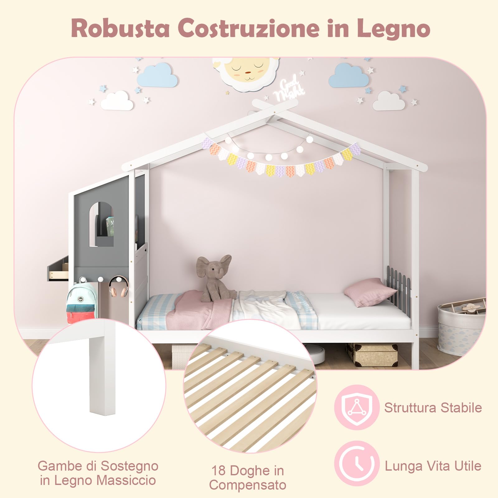 COSTWAY Letto Matrimoniale/Singolo con Scrivania, Letto Piattaforma in Legno con Testiera a Staccionata Ganci e Cassetti, 200x140/200x90 cm, Carico 320/150kg (200x90 cm)