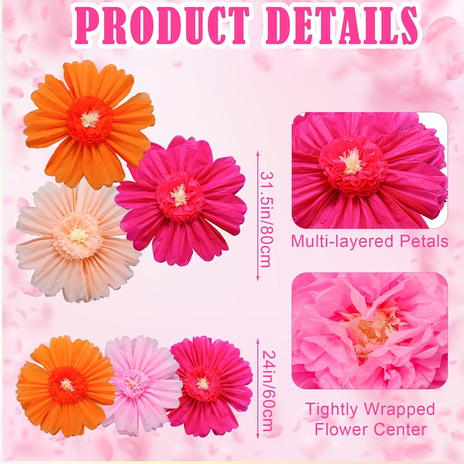 Giegxin 6 Pcs 31.5", 24" Orange Giant Paper Flower Rose Red Large Tissue Paper Flower for Wall Big Colorful Floral Decorations for Wall Wedding Bridal Shower Baby Shower Mexican Fiesta Crepe Birthday