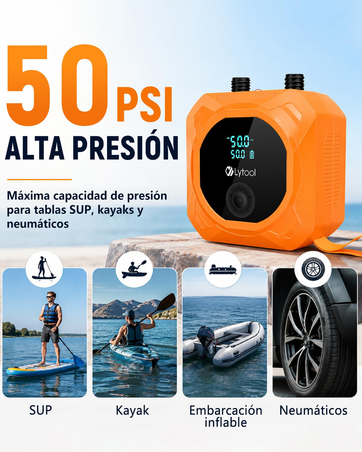 Lytool 50PSI Bomba de Aire Inteligente para Sup, 12000mAh Batería Recargable y Inflado/Desinflado Inteligente, Apagado Automático, Ideal para Tablas de Paddle, Cometas, Tiendas de Campaña y Colchones