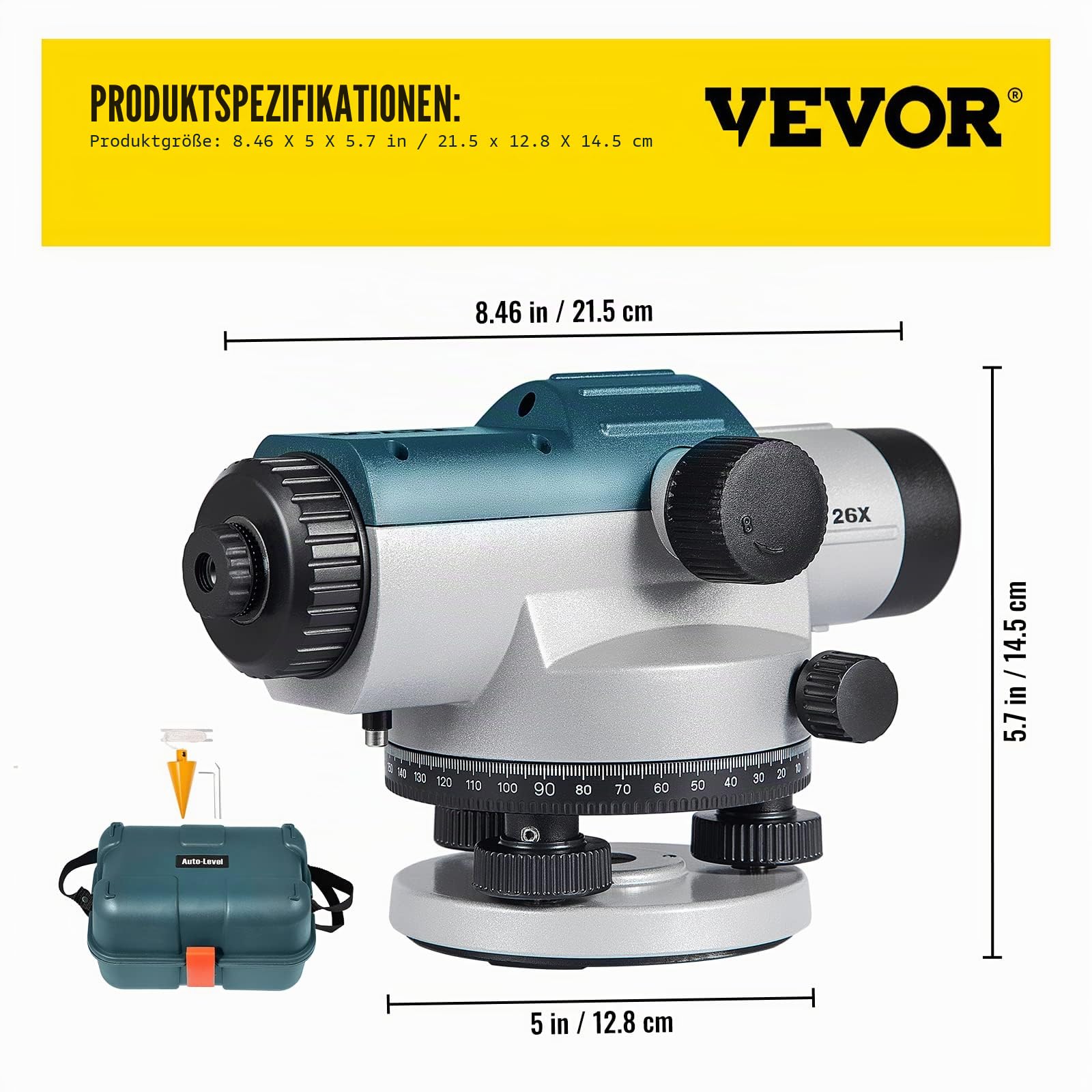 VEVOR Professional Optisches Nivelliergerät (26-fache Vergrößerung, Arbeitsbereich: bis zu 100 m, im Transportkoffer), Selbstnivellierend Nivelliergerät 15,8 mm Gewinde Staubdichtes Nivellierset, Grün