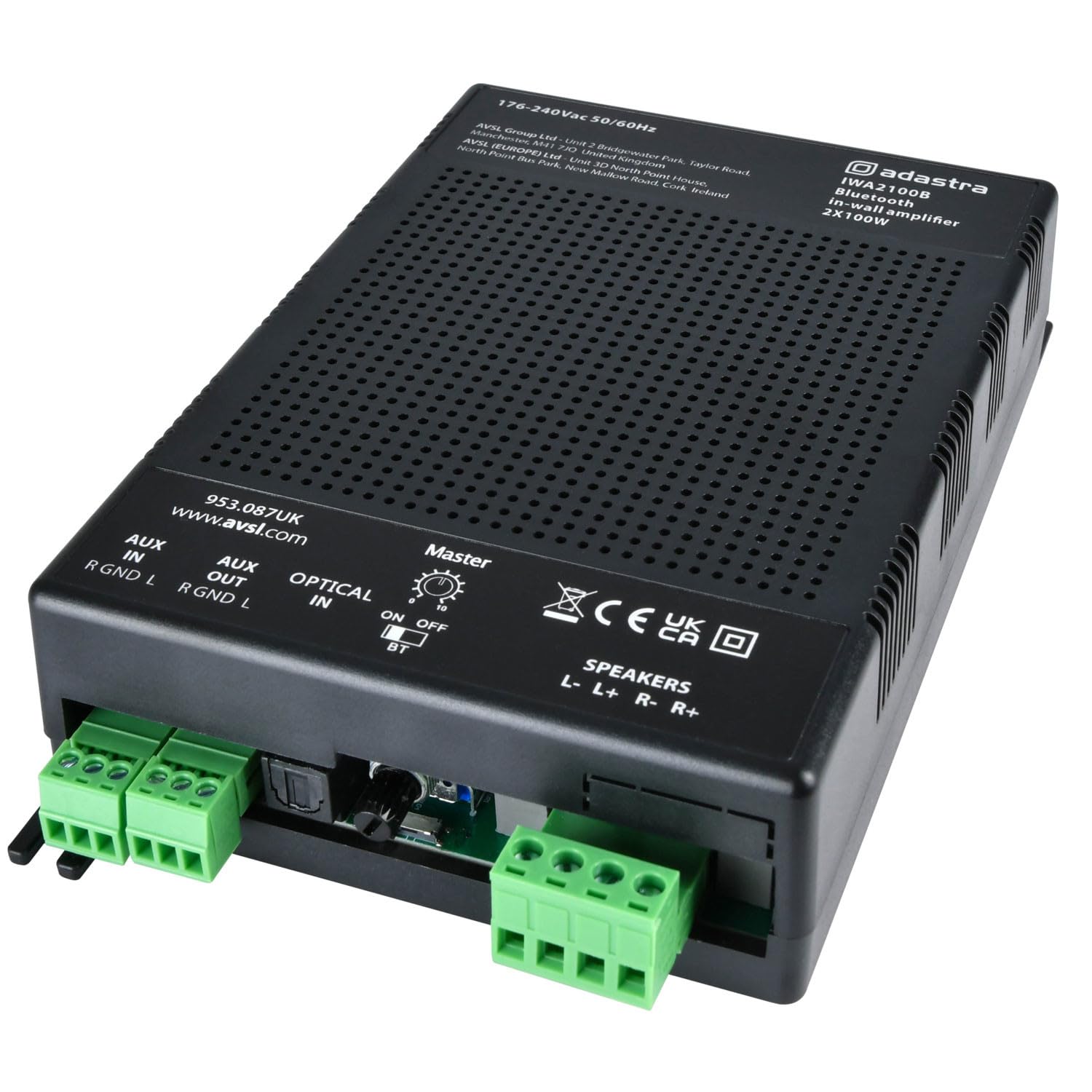 Adastra IWA2100B Amplificador Bluetooth en Pared 2 x 100 W | Amplificador estéreo Clase D de 2 Canales de Alta Potencia con Bluetooth, entradas ópticas y auxiliares | Audio Compacto montado en la