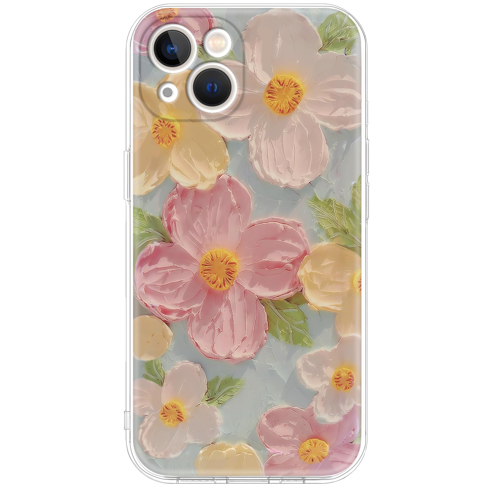 Cute Case for iPhone 13, Colorful Retro Oil Painting Printed Flowers Case, Aesthetic Floral Pattern Soft TPU Shockproof Cover for Girls Women