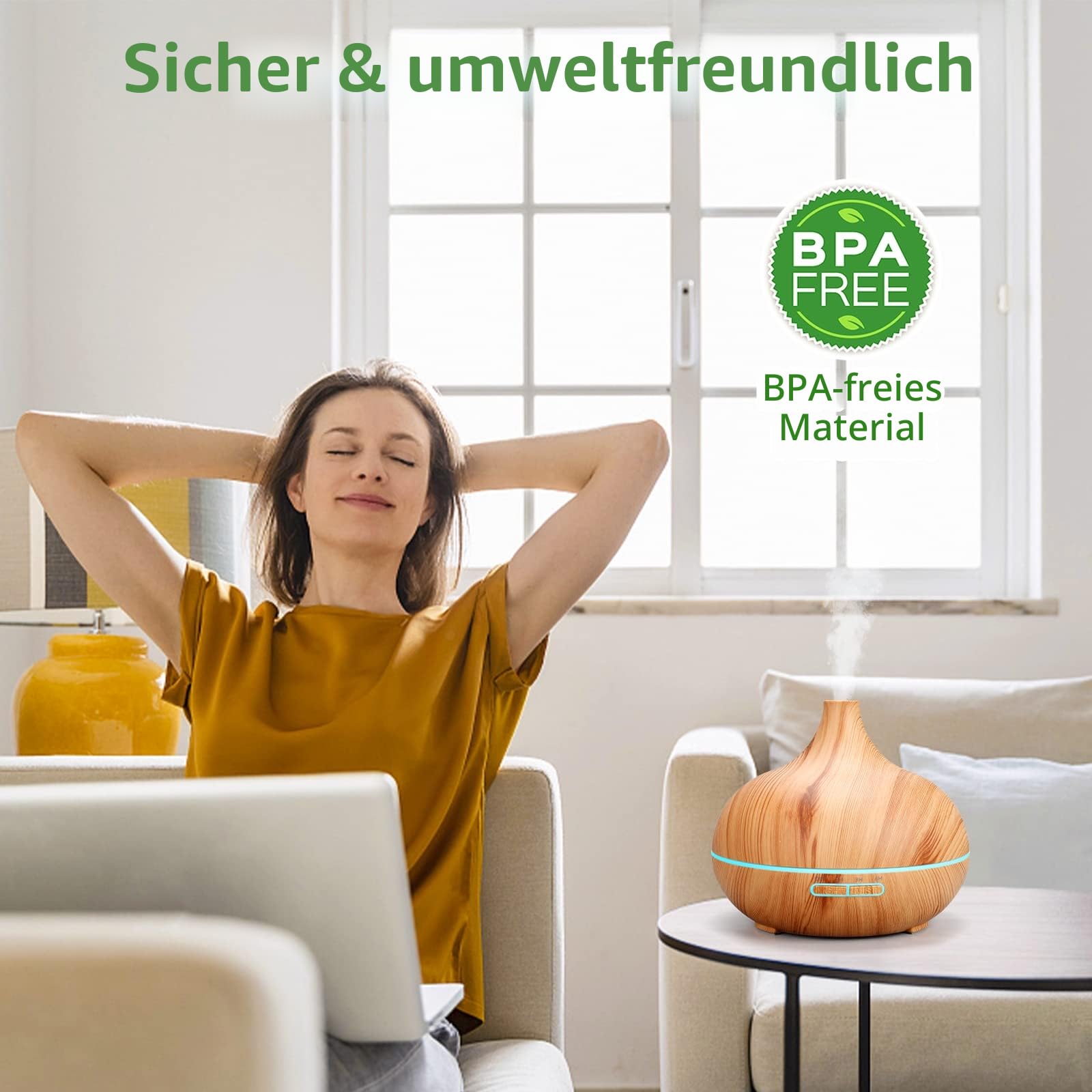 500ml Aroma Diffuser, Diffusoren für ätherische Öle, Aromatherapie-Diffusoren mit 7 LED-Leuchten, 2 Nebelmodi, 4 Timer, 23dB Luftbefeuchter Ultraschall Wasserloser Automatischer Abschaltung Gelb