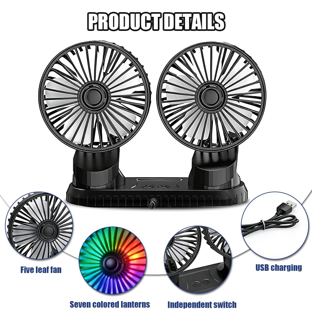 Ventilateur De Voiture 5V, Ventilateur Double Têtes USB, Ventilateurs Portables Voitures avec 3 Vitesses Et Effets Lumineux, Rotation à 360° Pour Voiture, Van, SUV, RV, Bateau