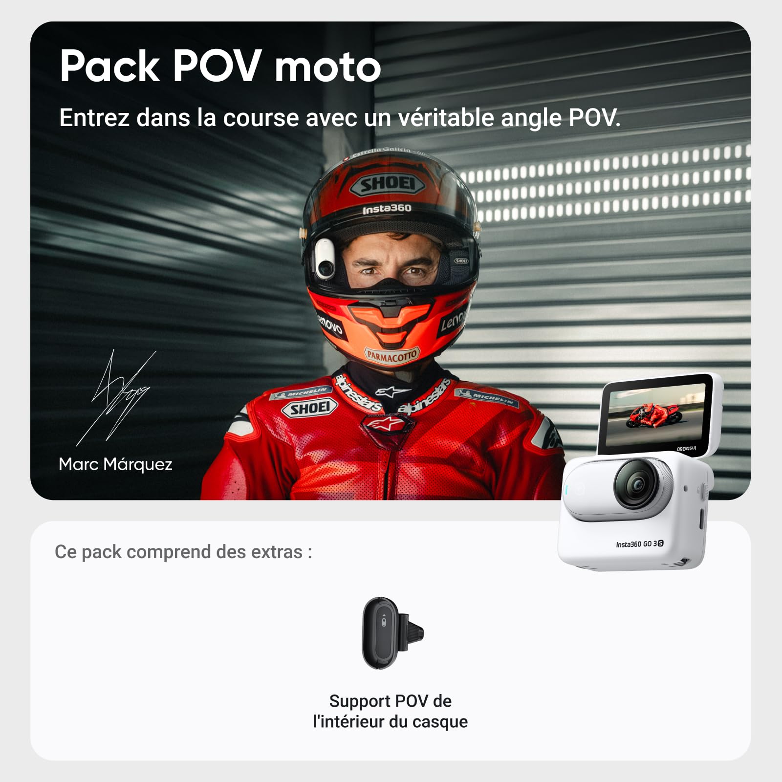Insta360 GO 3S Blanc Arctique (128GB) Pack POV Moto- Petite caméra de vlog 4K, POV Mains Libres, Montage Partout, stabilisation, 140 Min d'autonomie, étanche à 10 m, édition IA, pour Voyage, vlog