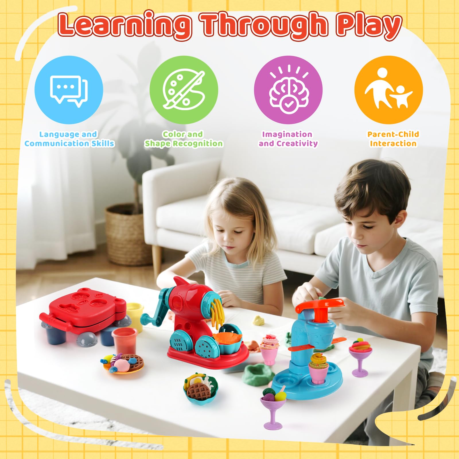 Juego de creaciones de cocina de masa de color 3 en 1 para niños de 3 a 8 años, juego de masa de 24 colores con fabricantes de helados, fideos y hamburguesas, modelado de alimentos, manualidades 7