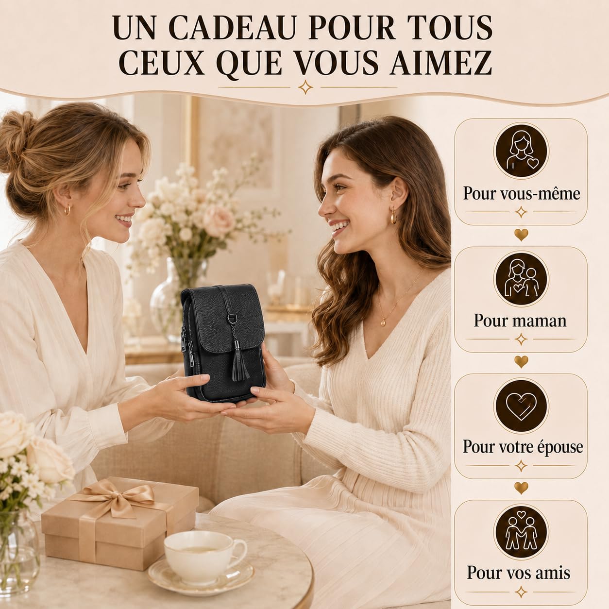 Sac Bandoulière Femme Cuir Véritable avec Protection RFID, Pochette Téléphone Portable Antivol & Élégant — Livré avec Deux Bandoulières