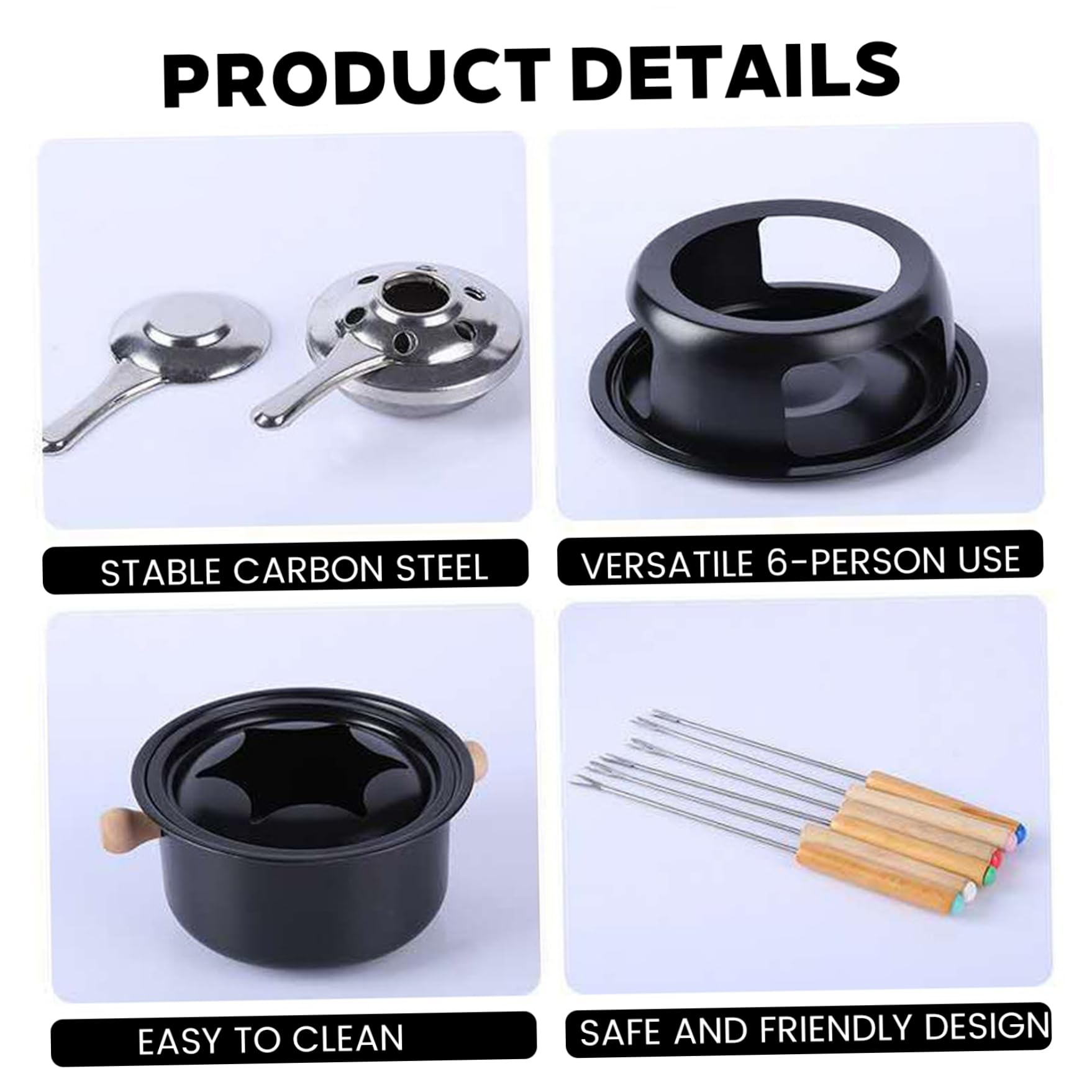 Juego de Fondue. Taza de Fondue de Chocolate de Acero al Carbono con 6 Tenedores. Taza para derretir Chocolate, Queso y Carne. para 6 Personas.