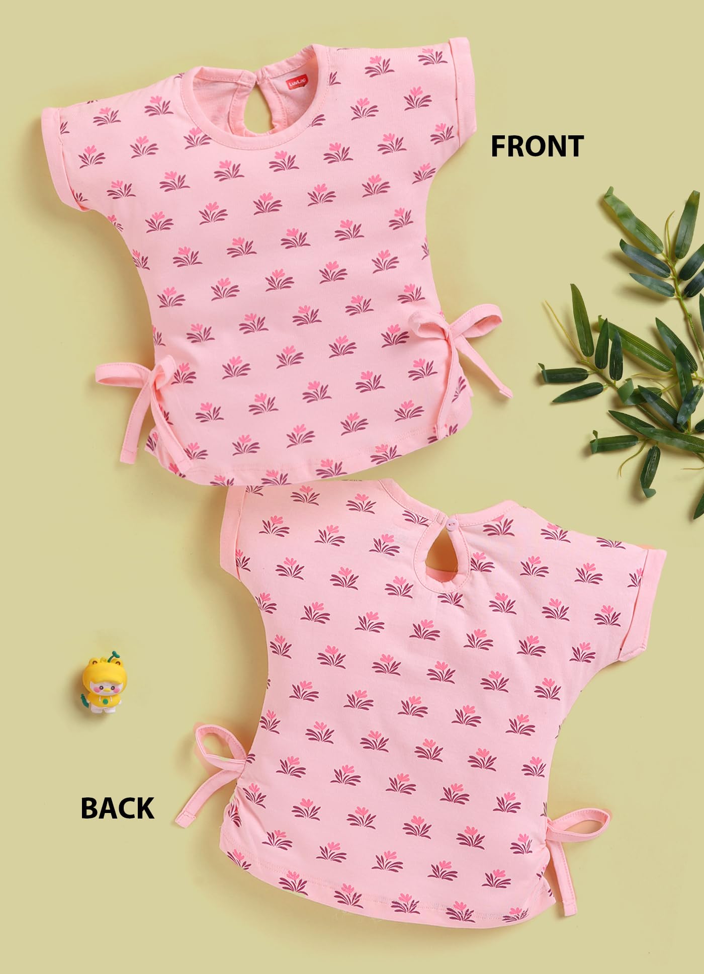 LuvLap Baby Girls Regular Fit 100% Cotton Half Sleeves Girls Top Pack of 4, Mint, Sunflower, Neon & Pink Rose, XL (12 to 18 Months) 3
