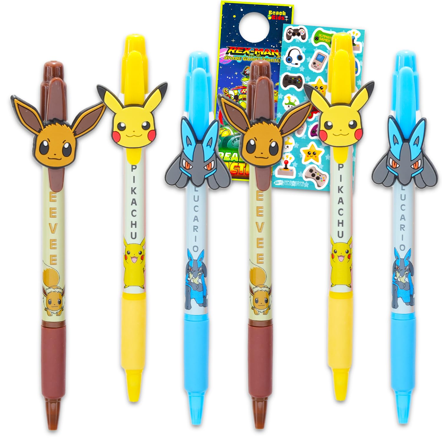 Nintendo Pokémon Pen Set – 6-Pack Ballpoint Pens with Pikachu, Eevee & Lucario + Stickers & More | Pokemon Party Favors & School Supplies Bundle for