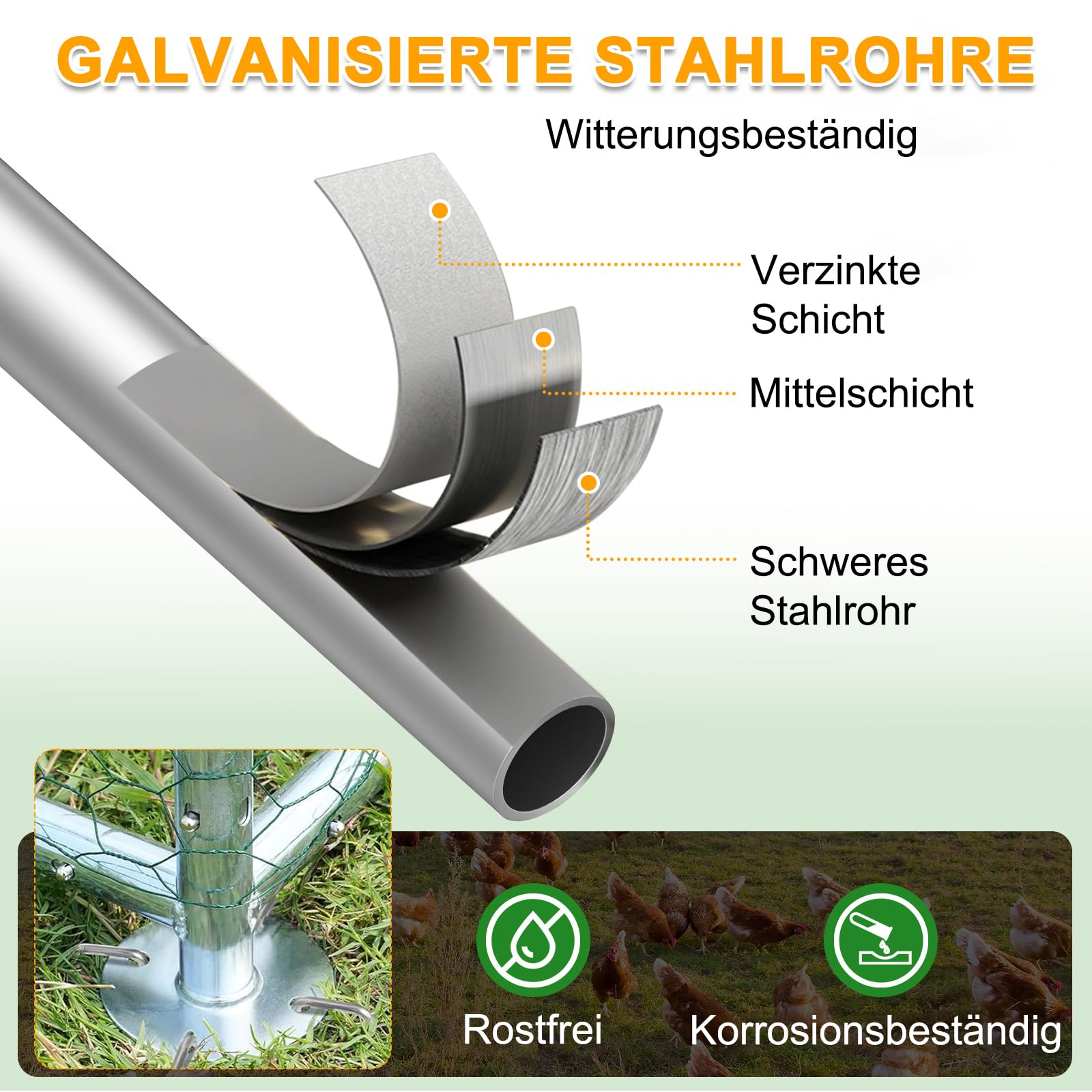LEADZM Gallinero, 3 x 2 x 2 m, cercado para gallinas, 6 m², gran recinto con polietileno impermeable, de acero galvanizado, cúpula