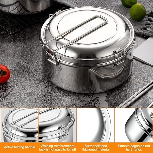 1200 ml round lunch box, stainless steel, leak-proof bento box lunch box, metal lunch box, adult stainless steel, camping pot, lunch box with handle, for snacks, cereals, soups, main meals - 3
