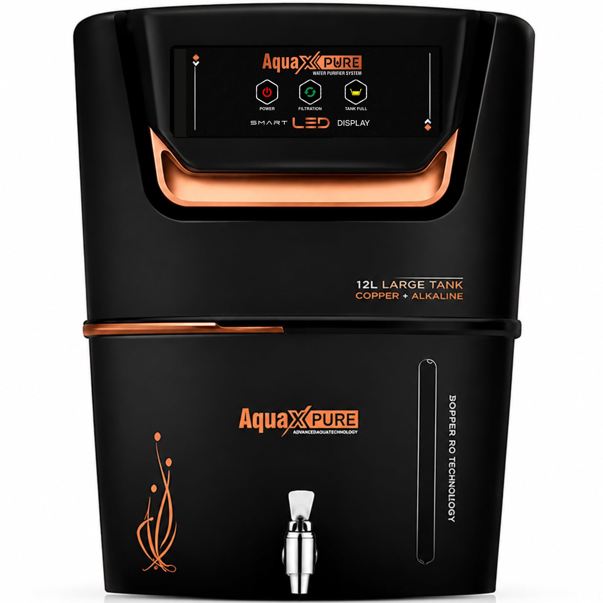 Aqua X PureSMART RO Water Purifier for Home | RO+UV+UF Technology | Copper Zinc Alkaline Boost | 12L Tank | 20 LPH Purification | High TDS | 1 Year Warranty(Black Finish*).