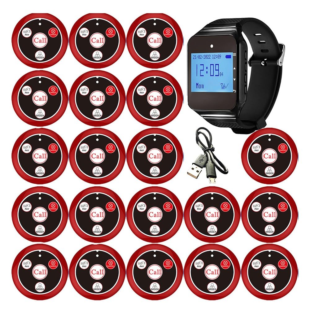 de Llamada Inalámbrica con Buscapersonas para Restaurantes, con Botón de Llamada para Reloj, para Oficinas, Food Trucks, Cafeterías y Restaurantes. Timbre Rojo.