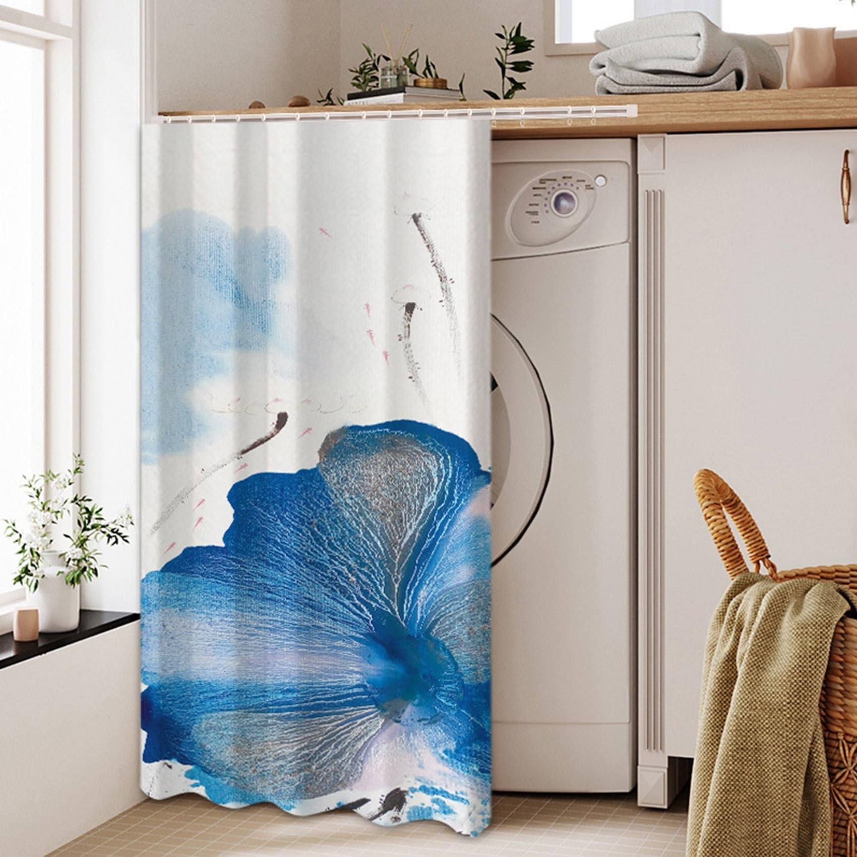 GUOIOOI Dishwasher Curtain,No Drill Silent Curtain for Washing Machine,Waterproof Privacy Hanging Blind with Ink Wash Floral Print for Laundry Area Under Sink(Dark blue,W65*H90cm)
