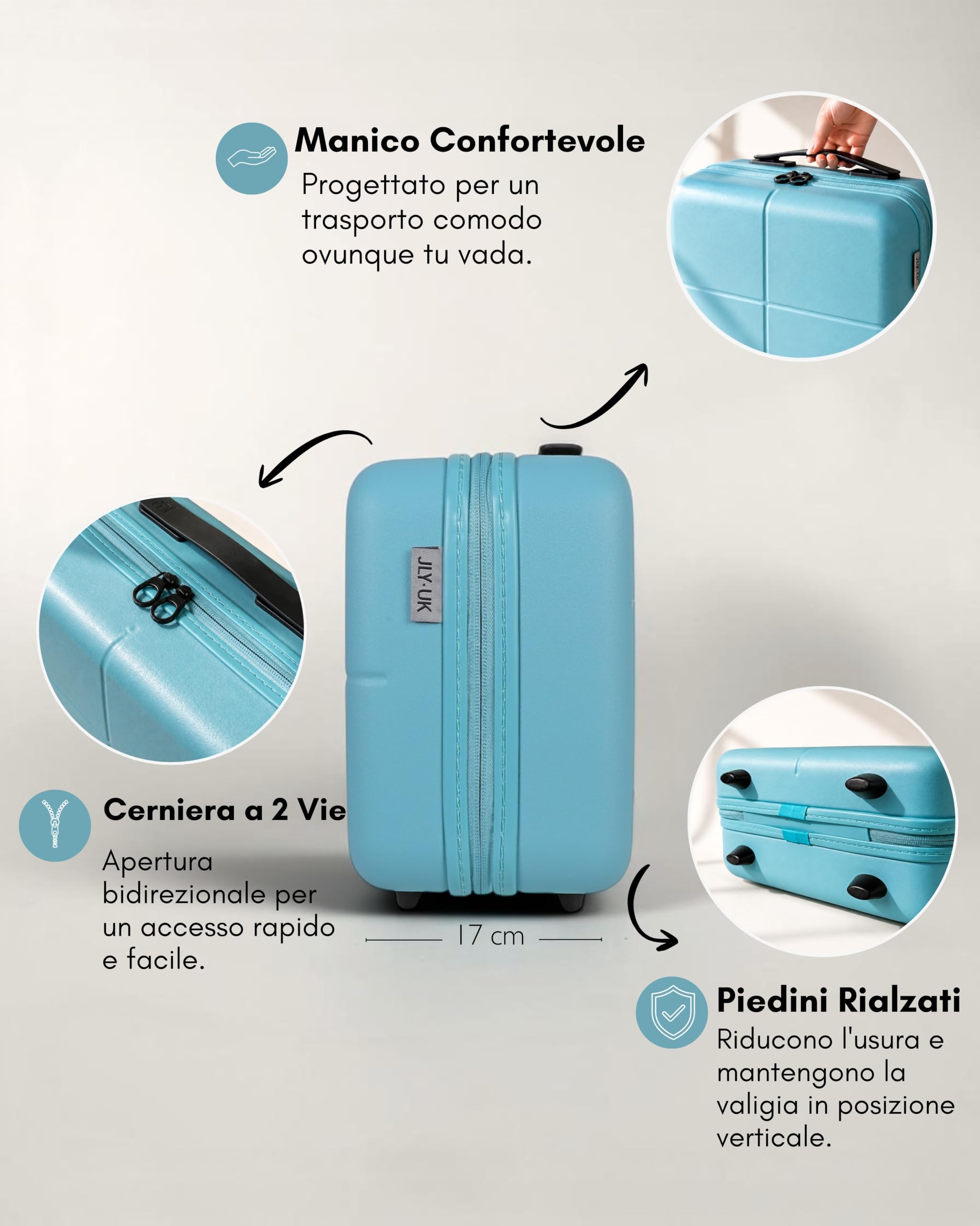 JLY Set di Valigie Rigide in 100% Policarbonato Covestro – Chiusura TSA, Ruote Silenziose, Design Elegante e Massima Organizzazione per Viaggi e Business (1 Pezzo, Azzurro, Vanity Case)