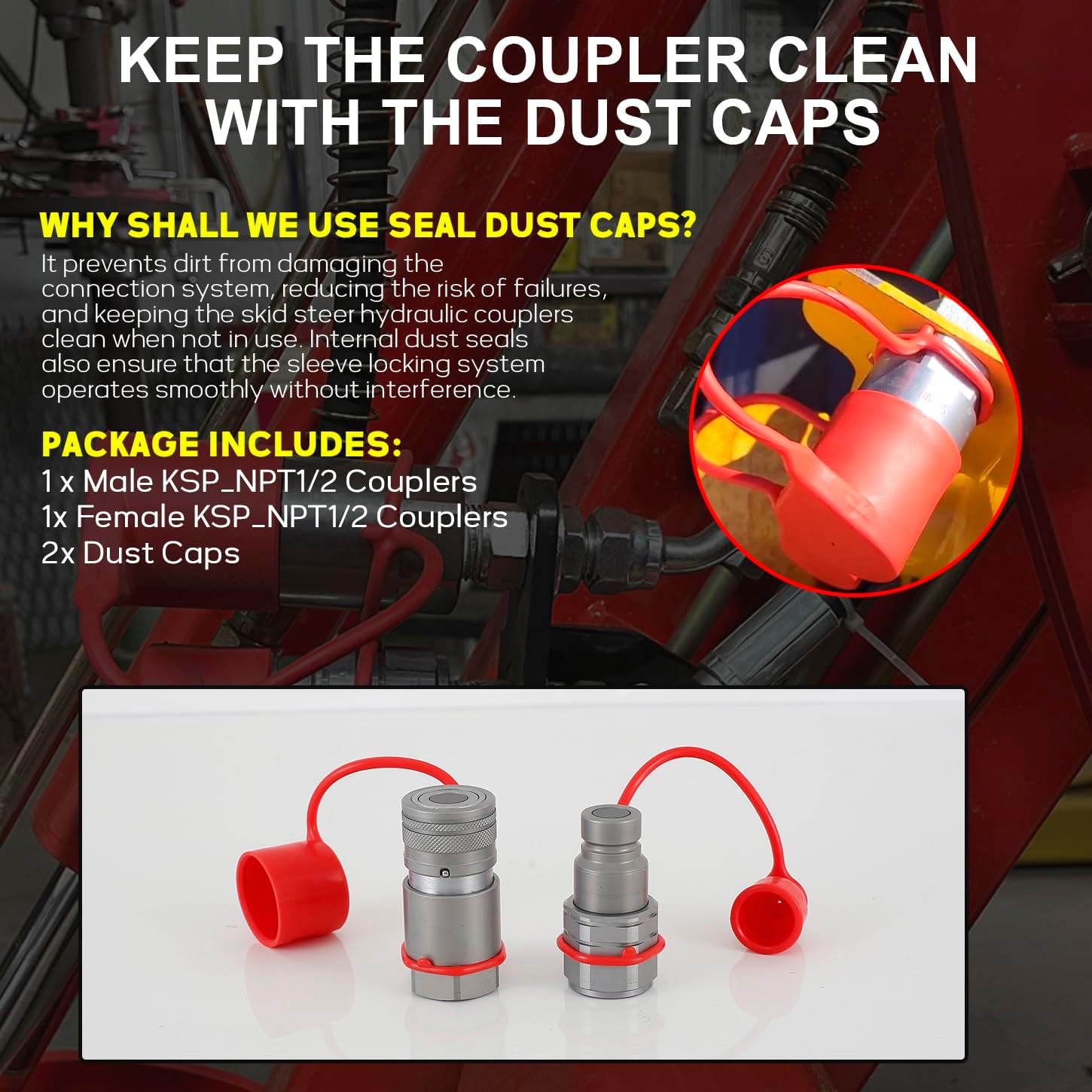 1/2" NPT Hydraulic Coupler Quick Connect Flat Face Connector Fitting Compatible With Bobcat Skid Steer(ISO 16028)
