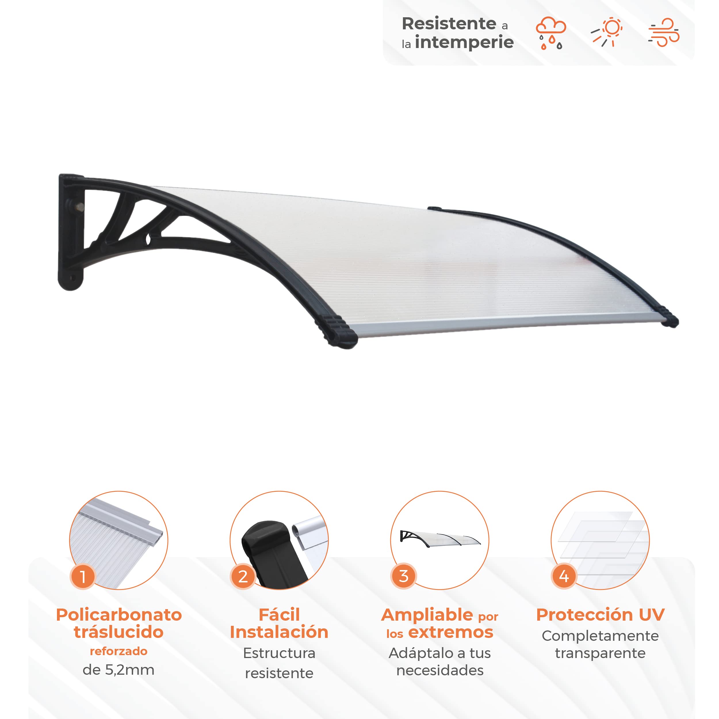 Marquesina Puerta Exterior 150x80cm Light – Policarbonato 5,2mm Grosor – Soportes de PVC Antracita – Fácil Montaje – Tejadillo Protección Lluvia Ventana