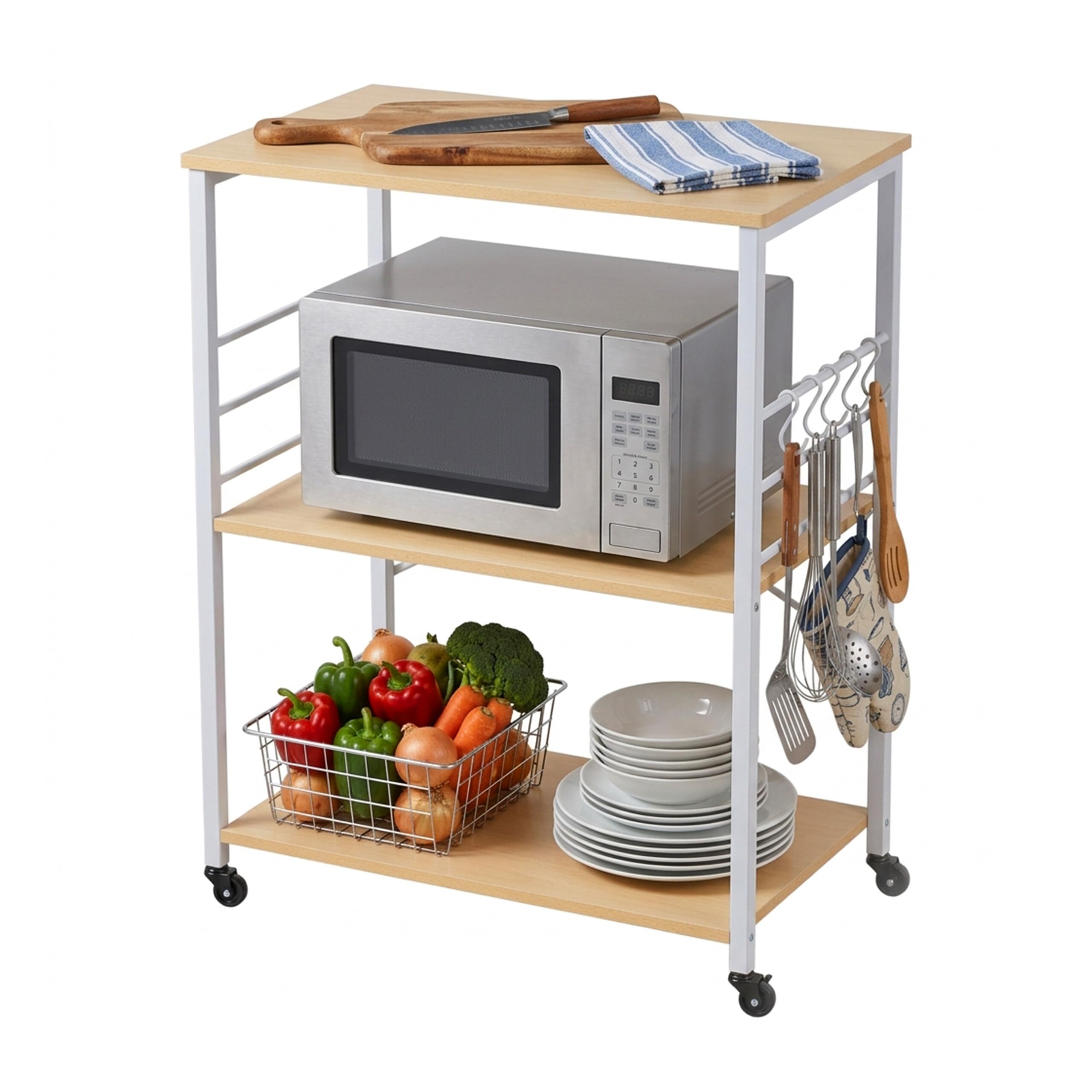 Relaxdays Carro de Cocina, 3 estantes, 6 Ganchos en S, Natural/Blanco