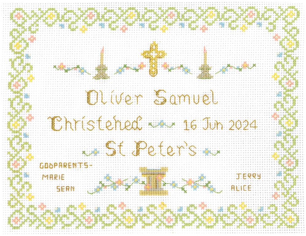 Christening Sampler - Complete Cross Stitch kit on 14 aida with Clear Colour Chart for a boy or Girl with Alphabet to add Your own Names & Date