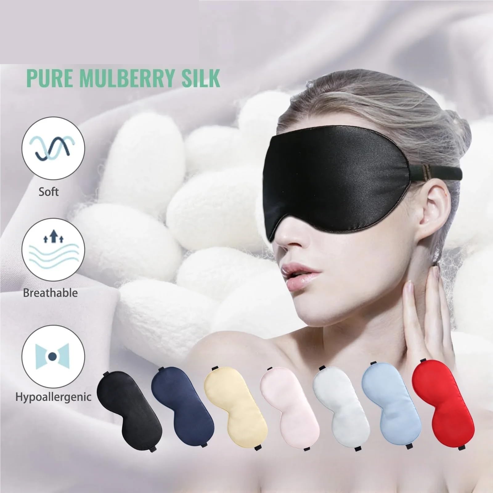 3-teilige Seiden-Schlafmaske, echte Seiden-Augenmasken mit verstellbarem Riemen for Schlafen, blockiert Licht und reduziert geschwollene Augen für Schlaf(Black)