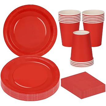 Pack of 56 Red Party Tableware Set Paper Plates Cups Napkins for 16 Guests Tableware Set for Birthdays Weddings Baby Showers Parties and