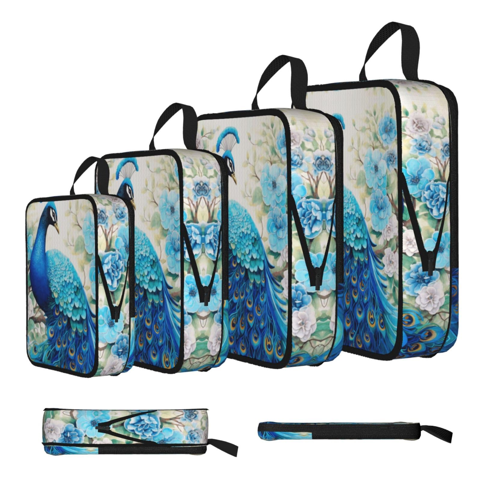 Sxzvvbn Black Oriental Blue Peacock Compression Packing Cubes 4 Piece Set