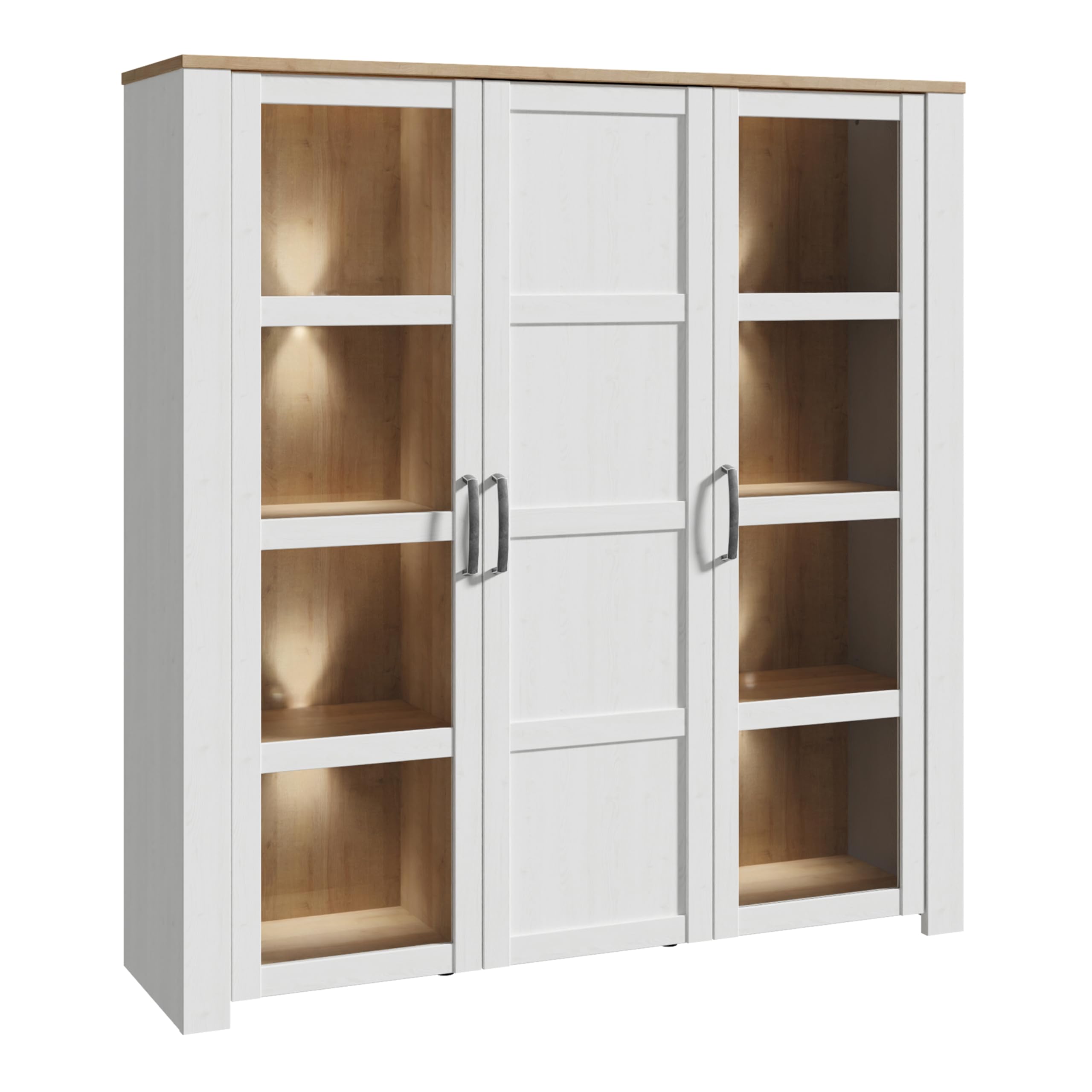 Furniture To Go | Bohol, Riviera Oak & White, Large Display Cabinet inc. 4X LED Lights