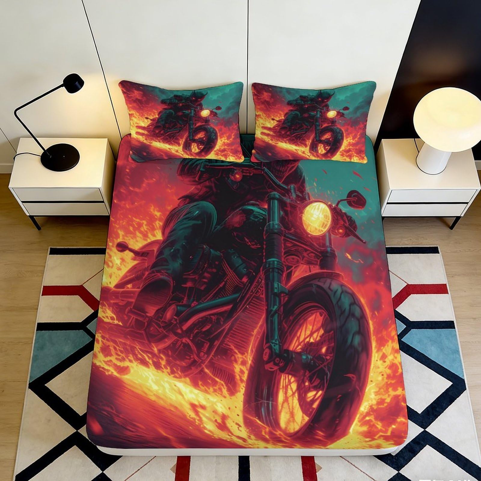 3D Printed Flaming Motorcycle Fitted Sheet Microfiber Durable Soft 3D Printed Fire Rider Bed Cover for Bedroom Dormitory Guest Room Protection Decor 180x200x25cm