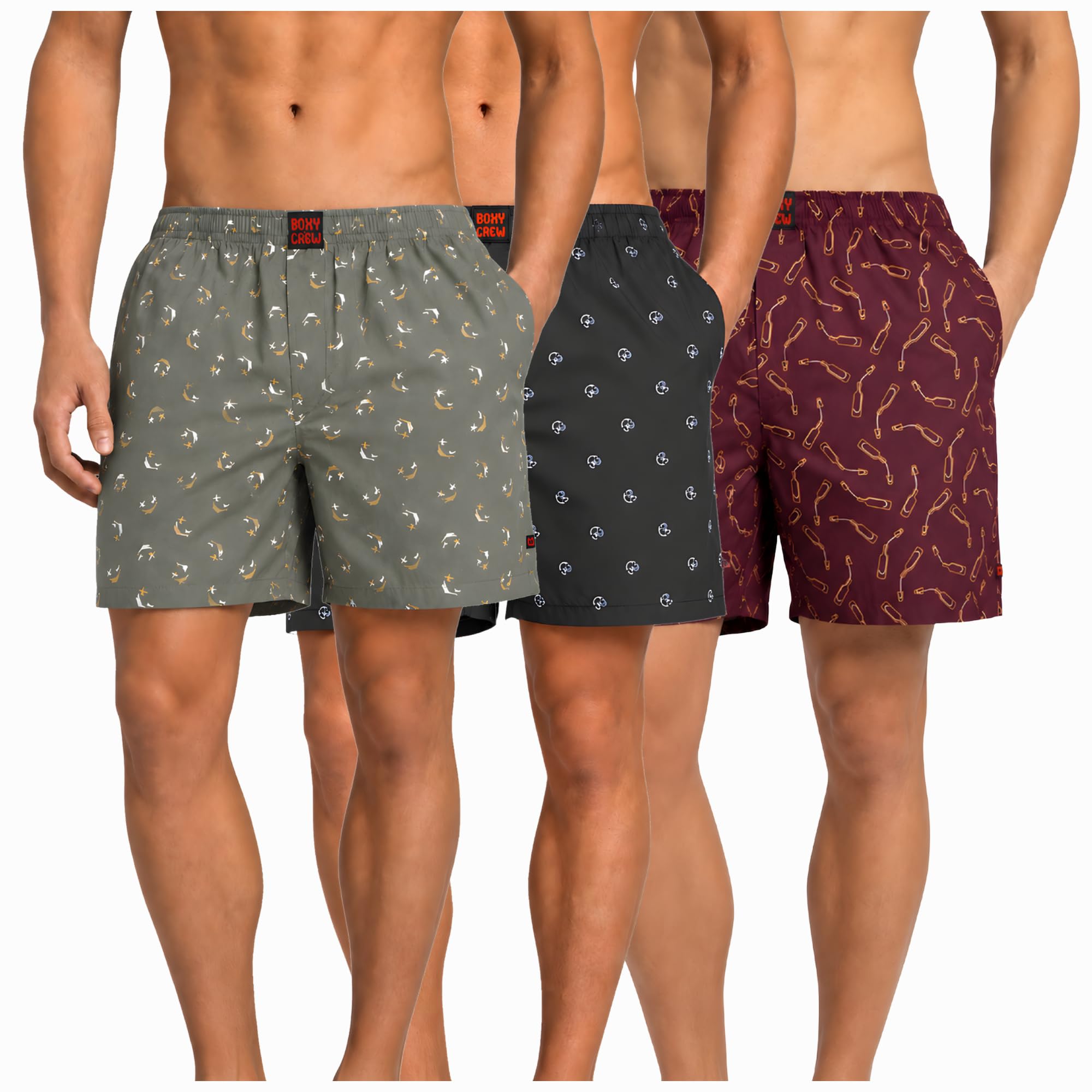 Men's 100% Cotton Boxer Shorts Pack of 3, Green, Navy Blue & Maroon | Woven Boxers with Side Pockets, No-Marks Elastic Waistband, Breathable Relaxed Fit | Style 008-009-014-image-27