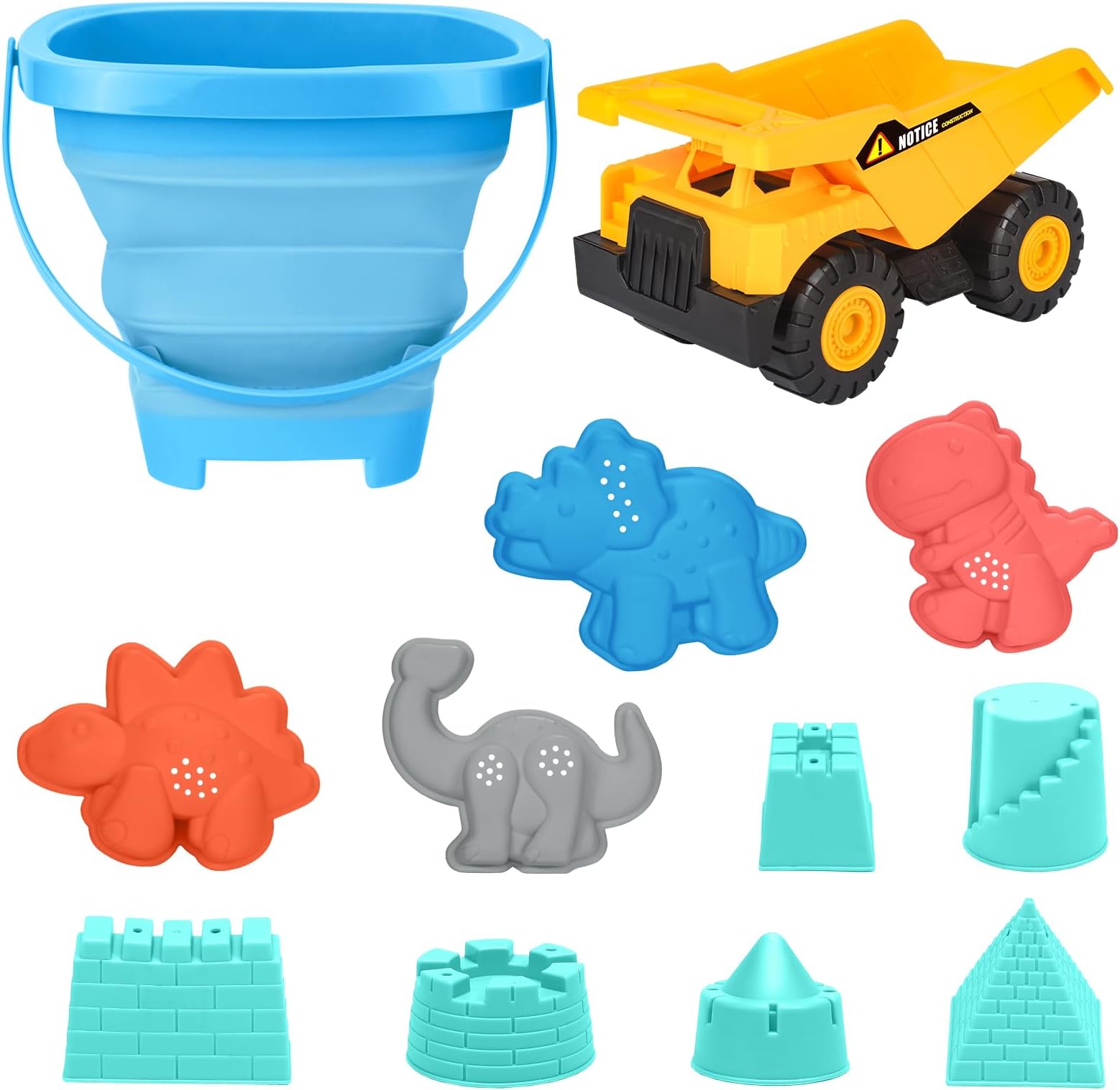 Beach Sand Toys for Kids - 23Pcs Collapsible Sand Bucket and Shovels Rake Set with Mesh Bag, Dump Truck Toy, Animal Dinosaur Sand Molds, Travel Beach Toys for Boys Sandbox Toys for Toddlers Age 3