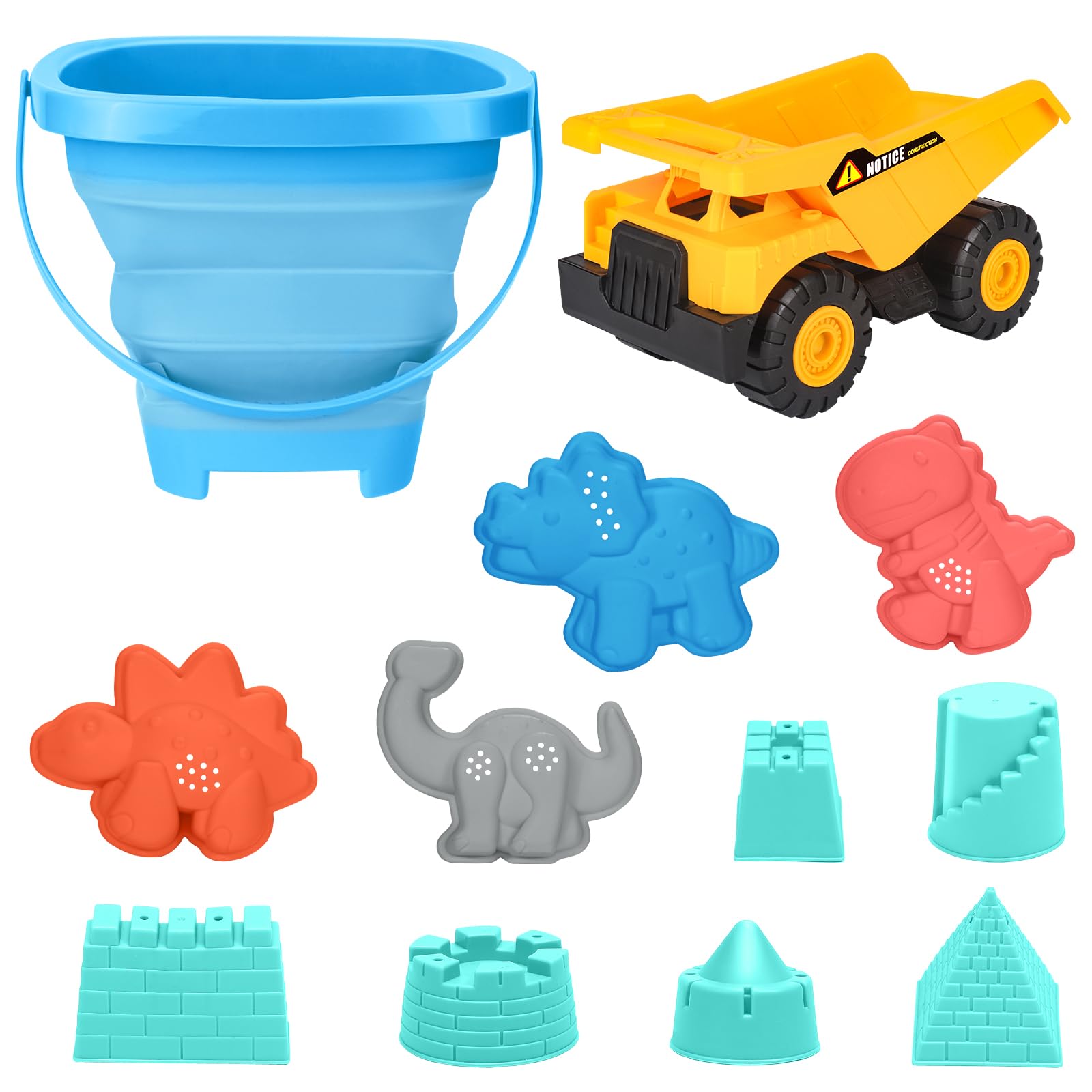 Beach Sand Toys for Kids - 23Pcs Collapsible Sand Bucket and Shovels Rake Set with Mesh Bag, Dump Truck Toy, Animal Dinosaur Sand Molds, Travel Beach Toys for Boys Sandbox Toys for Toddlers Age 3