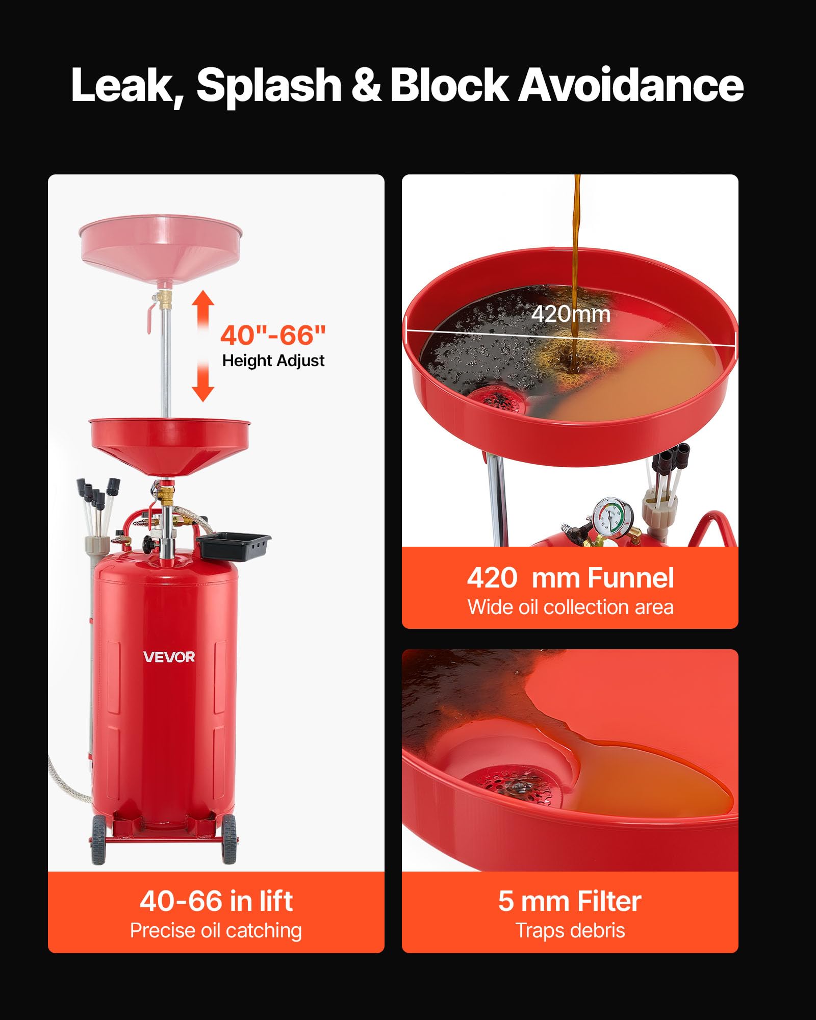 VEVOR Tanque de Drenaje de Aceite Usado, Drenaje de Aceite Portátil Neumático de 79,5 L con Embudo Ajustable y Ruedas, Drenaje de Combustible Líquido para Taller de Reparación de Automóviles, Rojo