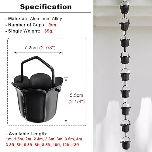 Miniatura 4 de Oracra Cadenas grandes de lluvia de aluminio para canalones, copas desviadoras de agua de lluvia negras, extensión de cadena colgante para villa,