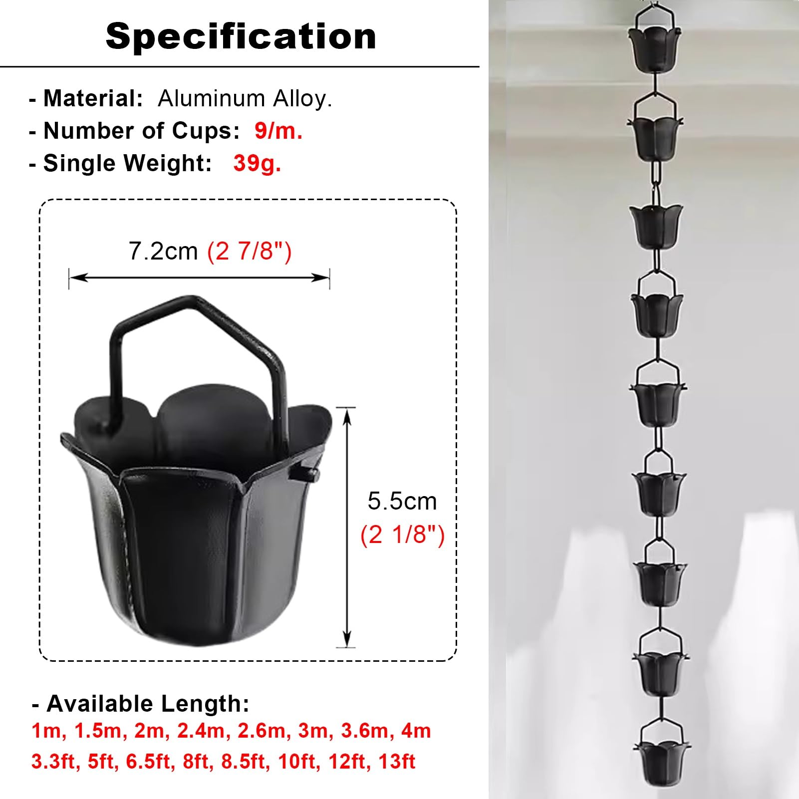 Regenkette Große Regenketten aus Aluminium für Dachrinnen, Schwarze Regenwasserableiter, Hängende Fallrohr-Fängerkettenverlängerung für Villa, Innenhof(100cm (3.3ft))