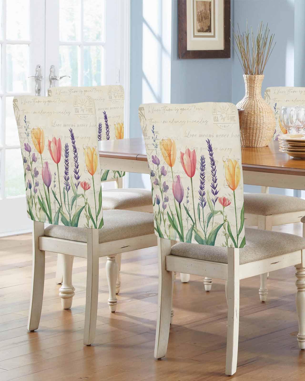 Pinroote Spring Floral Chair Covers - 4 Pcs Colorful Tulip Dining Room Chair Back Covers, Summer Botanical Vintage Chair Slipcovers Removable Chair