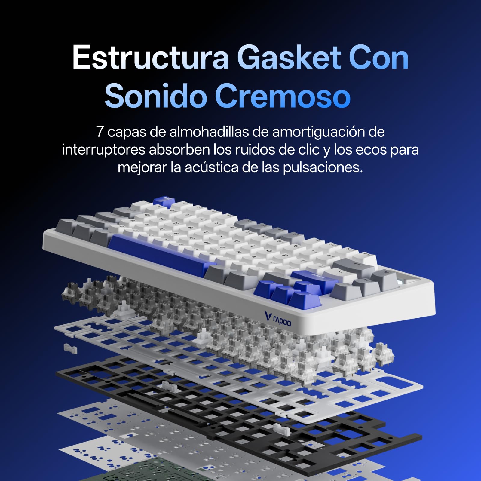 Rapoo V700DIY-75 Teclado Gaming Inalámbrico Mecánico 75% para Pc/Mac,Blanco | BT5.0/2.4GHz/Cableado,Hot-Swap,Interruptor Lineal Speed Silver,Montaje Gasket,Sonido Cremoso,16.8M RGB Por Tecla y NKRO
