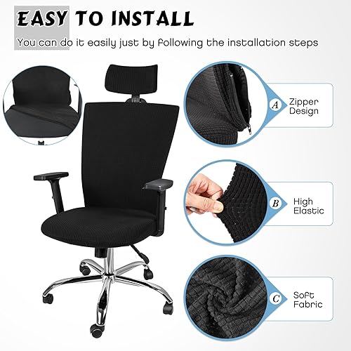 Miniatura 4 de Lounsweer Funda para silla con reposacabezas de 3 piezas, funda para silla de oficina, con ruedas, fundas elásticas y lavables para silla de