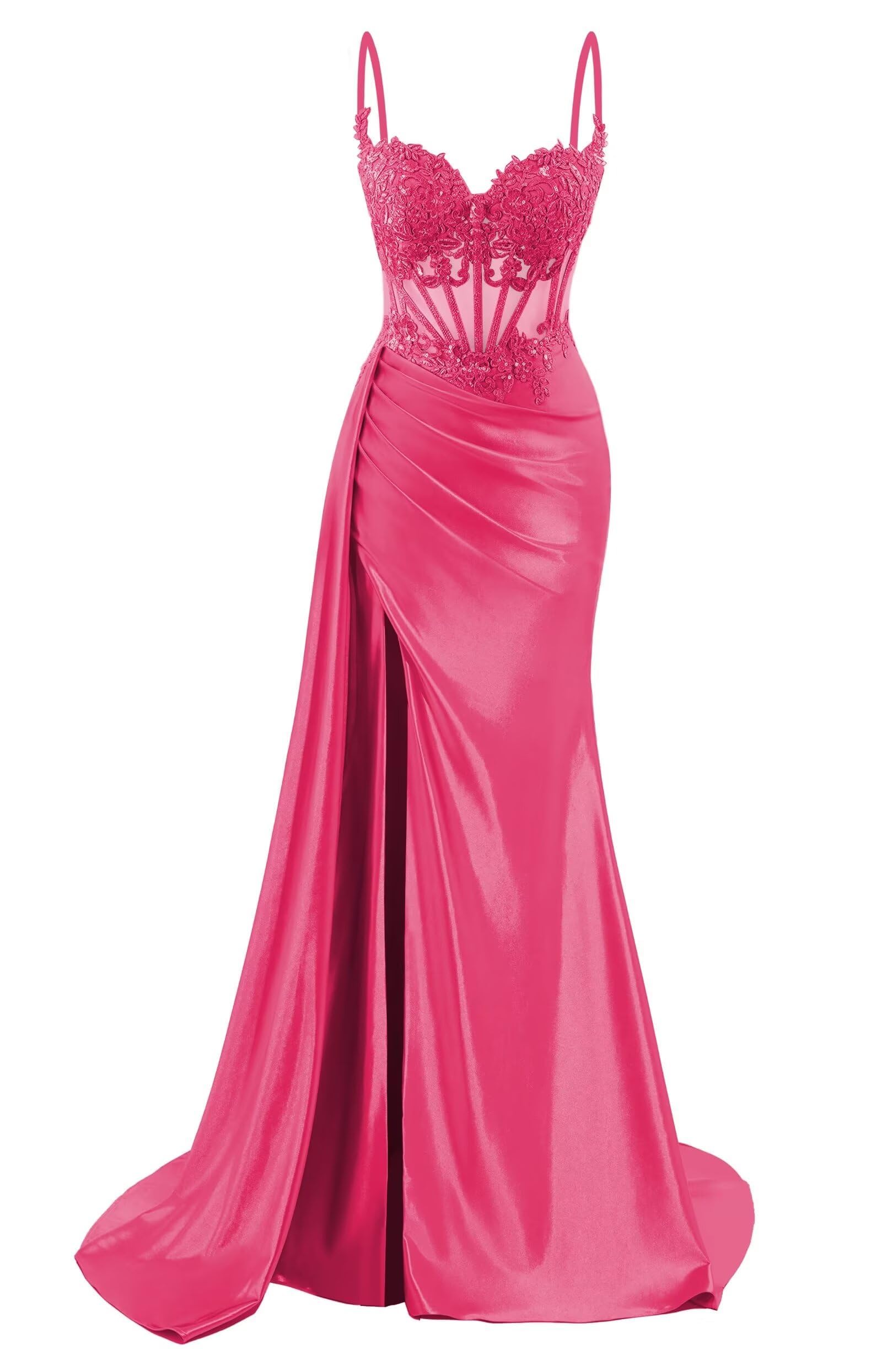 HPPEE Spaghetti Strap V Neck Lace Applique Prom Dresses for Teens Mermaid Satin Formal Evening Party Gown Hot Pink UK8