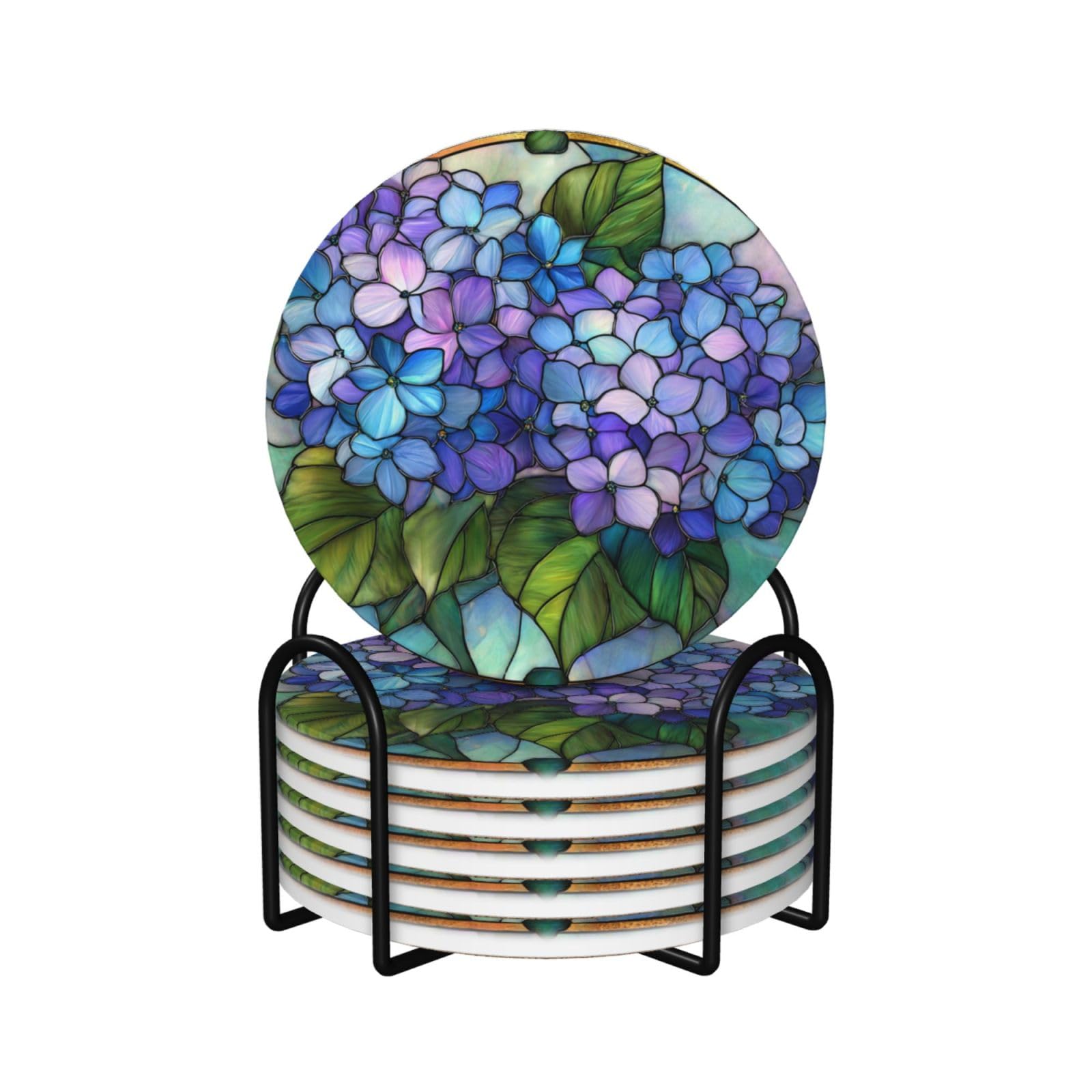 Elegant Small Bush Hydrangea Flowers Ceramic Coasters with Holder 6ps