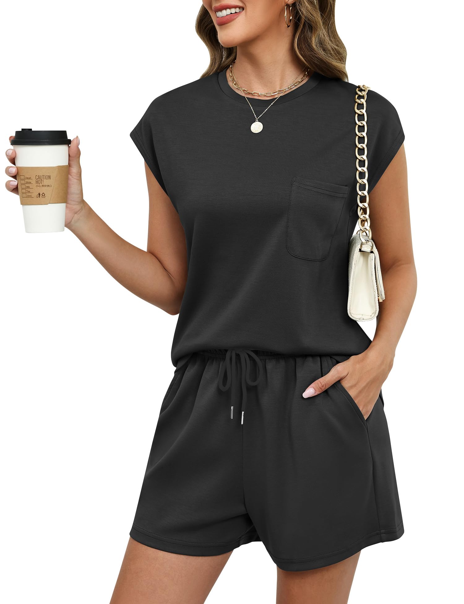 Rapbin Zweiteiler Trainingsanzug Damen Sommer Outfits Loungewear Jogginganzug Set Elegant Hausanzug Leichte Tracksuit Kurzarm T-Shirt und Shorts mit Taschen