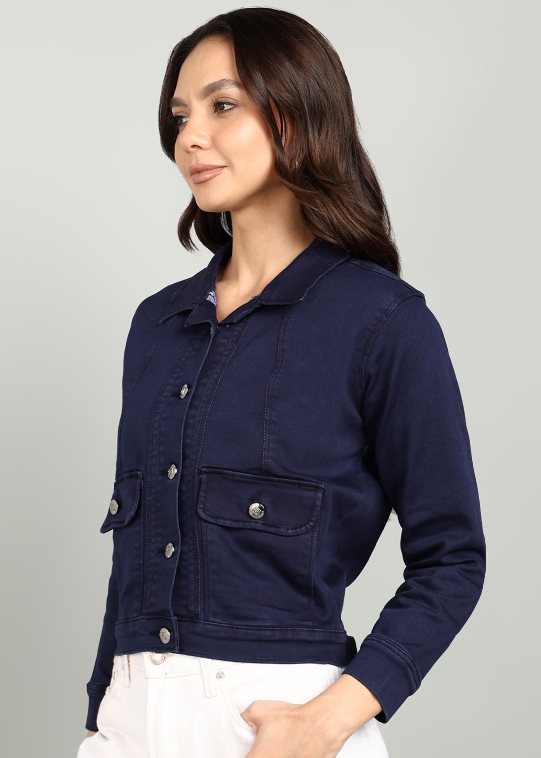 Nifty Chaqueta vaquera con bolsillo frontal para mujer